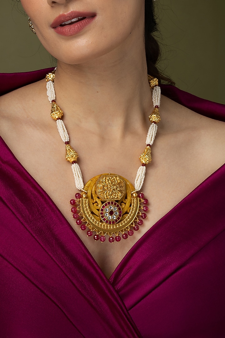 Gold Finish White Pearl & Gold Beaded Long Necklace by Joules By Radhika at Pernia's Pop Up Shop