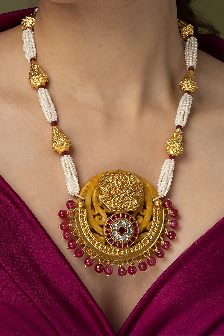 Gold Finish White Pearl & Gold Beaded Long Necklace by Joules By Radhika at Pernia's Pop Up Shop