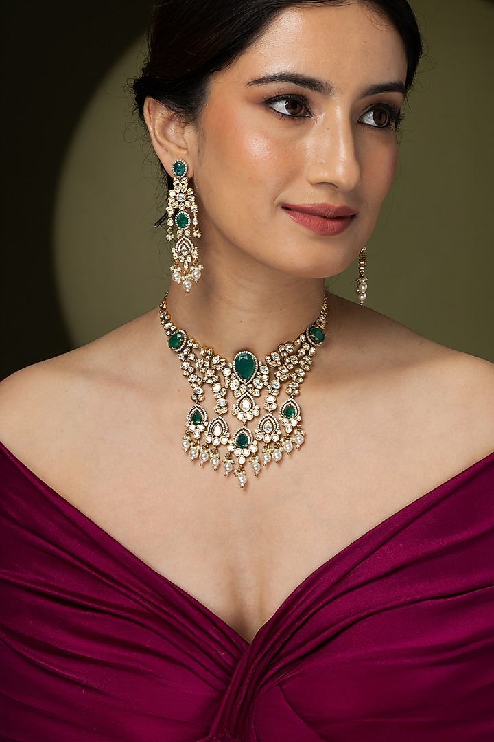 Gold Finish Green Stone Necklace Set by Joules By Radhika at Pernia's Pop Up Shop