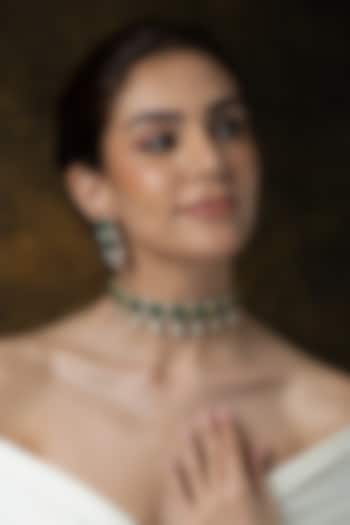 Gold Finish Green Stone & Pearl Drop Choker Necklace Set by Joules By Radhika at Pernia's Pop Up Shop