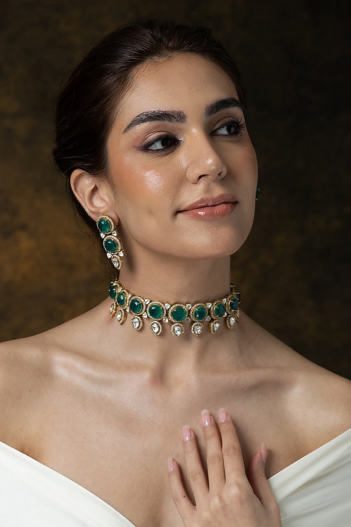 Gold Finish Green Stone & Pearl Drop Choker Necklace Set by Joules By Radhika at Pernia's Pop Up Shop