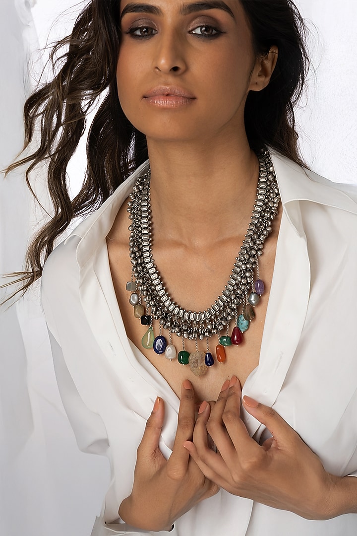 Oxidised Silver Finish Multi-Colored Stone Tiered Necklace by Joules By Radhika at Pernia's Pop Up Shop