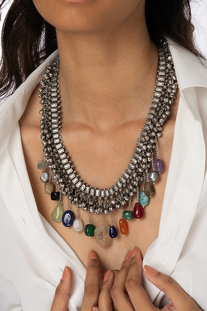 Oxidised Silver Finish Multi-Colored Stone Tiered Necklace by Joules By Radhika at Pernia's Pop Up Shop