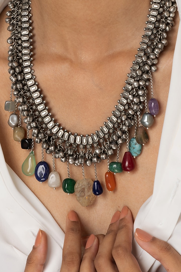 Oxidised Silver Finish Multi-Colored Stone Tiered Necklace by Joules By Radhika at Pernia's Pop Up Shop