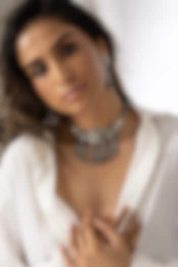 Oxidised Silver Finish Textured Tassel Medallion Choker Necklace Set by Joules By Radhika at Pernia's Pop Up Shop