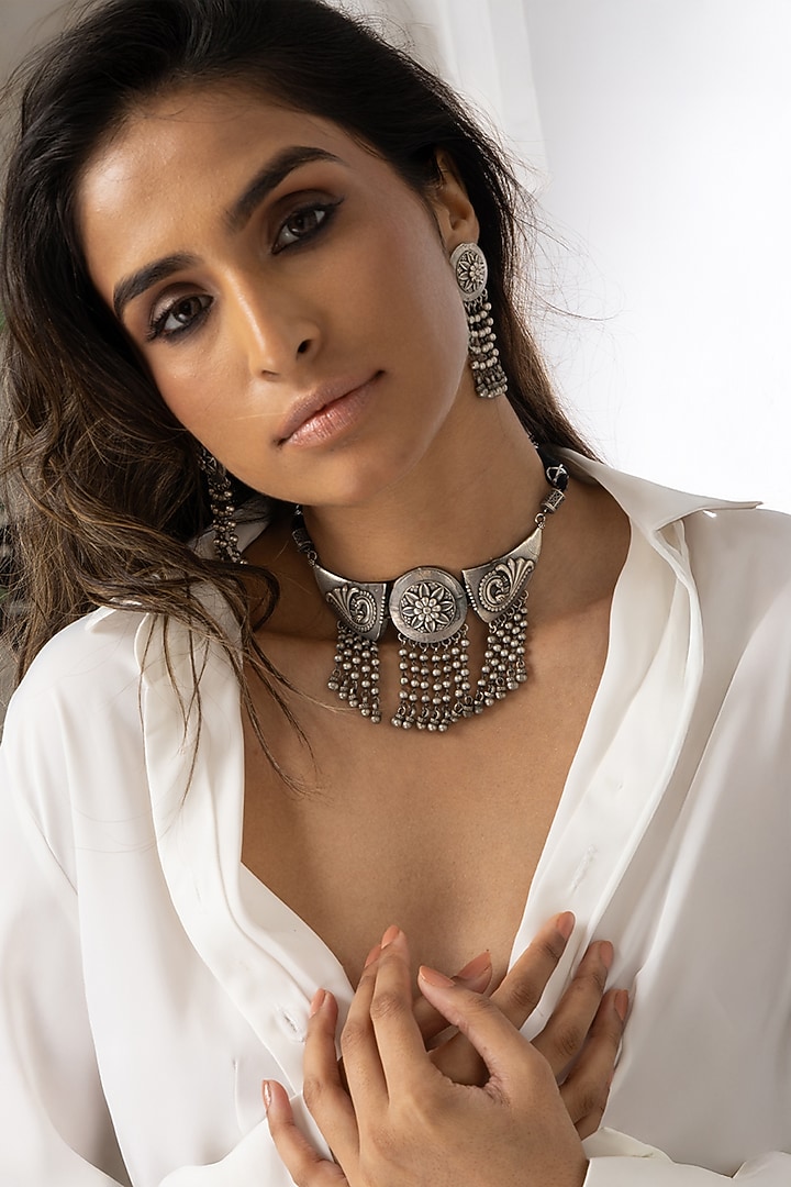 Oxidised Silver Finish Textured Tassel Medallion Choker Necklace Set by Joules By Radhika at Pernia's Pop Up Shop
