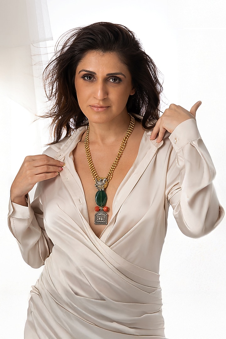 Gold Plated Green Stone Pendant Necklace by Joules By Radhika at Pernia's Pop Up Shop