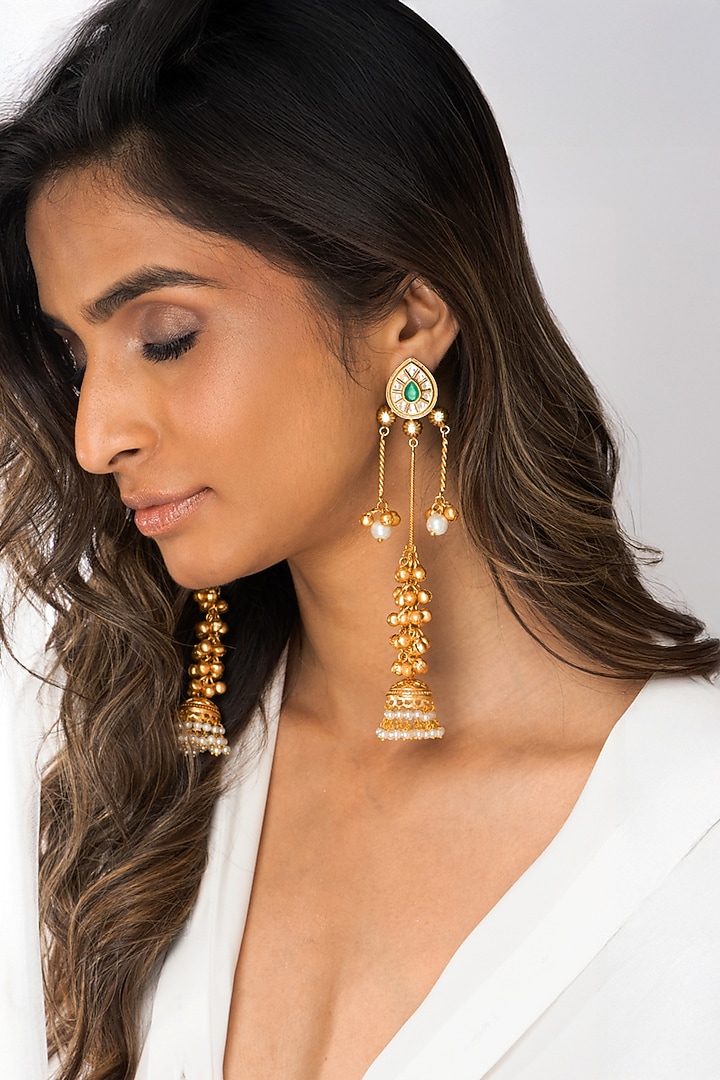 Gold Plated Beaded Jhumka Earrings by Joules By Radhika at Pernia's Pop Up Shop