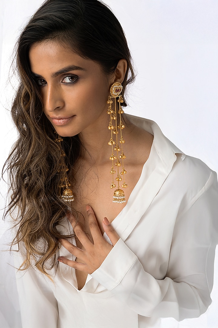 Gold Plated Pearl Drop Long Layered Earrings by Joules By Radhika at Pernia's Pop Up Shop