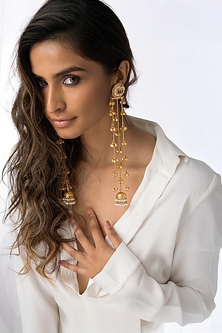 Gold Plated Pearl Drop Long Layered Earrings by Joules By Radhika