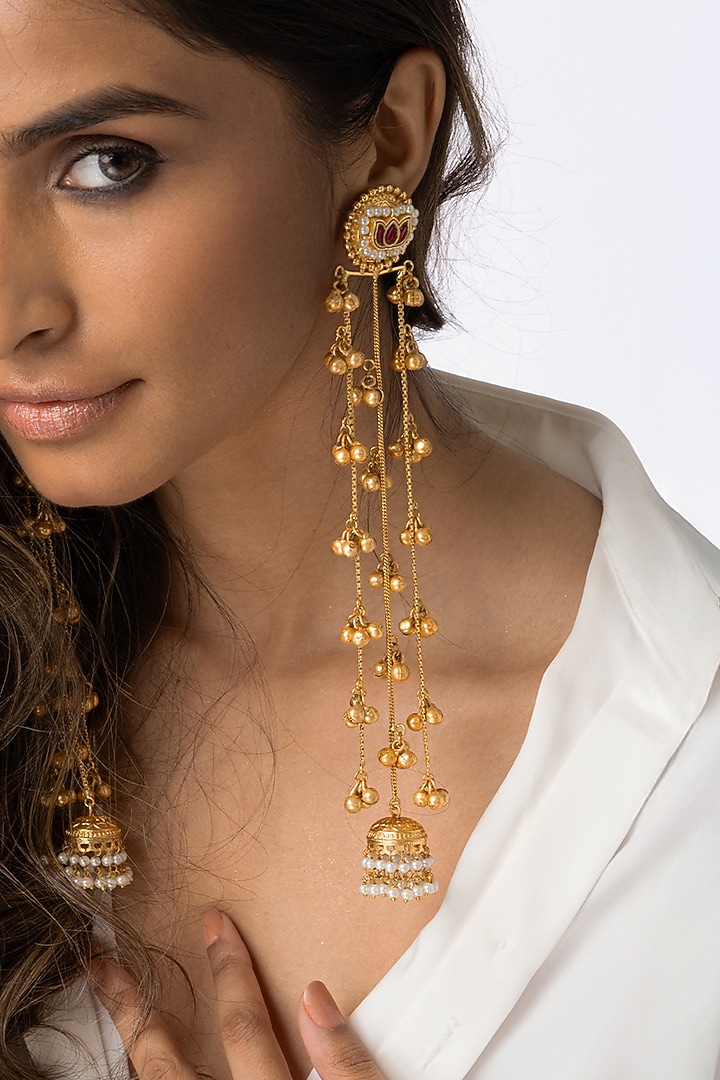 Gold Plated Pearl Drop Long Layered Earrings by Joules By Radhika at Pernia's Pop Up Shop