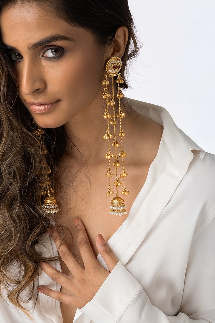 Gold Plated Pearl Drop Long Layered Earrings by Joules By Radhika at Pernia's Pop Up Shop