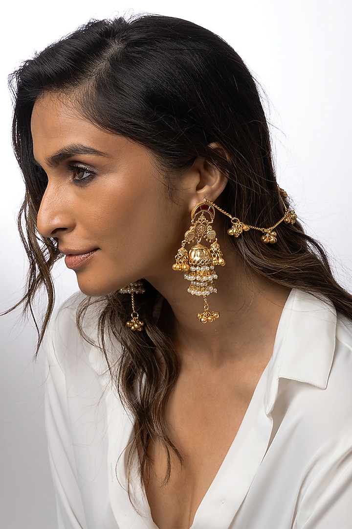 Gold Plated Jhumka Earrings With Chain by Joules By Radhika at Pernia's Pop Up Shop
