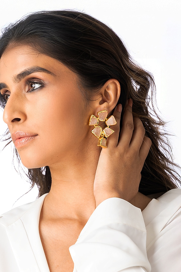 Gold Plated Rose Pink Quartz Dangler Earrings by Joules By Radhika at Pernia's Pop Up Shop