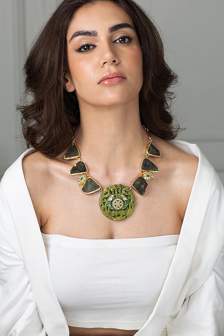 Gold Finish Mint Green Drop Long Necklace by Joules By Radhika at Pernia's Pop Up Shop