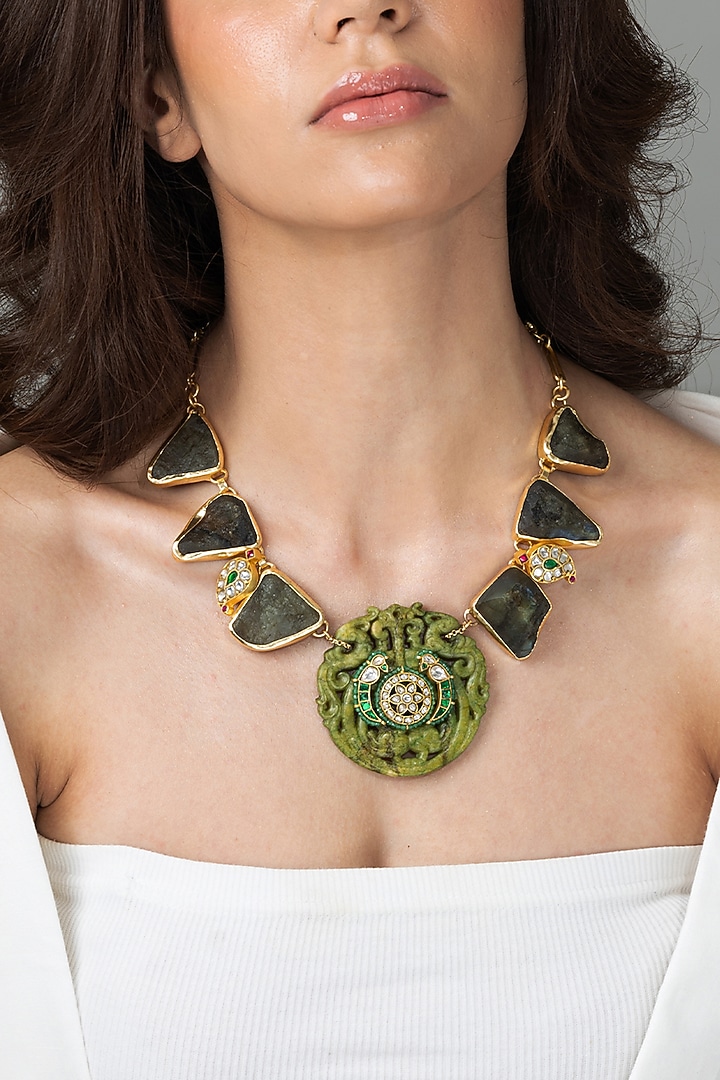 Gold Finish Mint Green Drop Long Necklace by Joules By Radhika at Pernia's Pop Up Shop