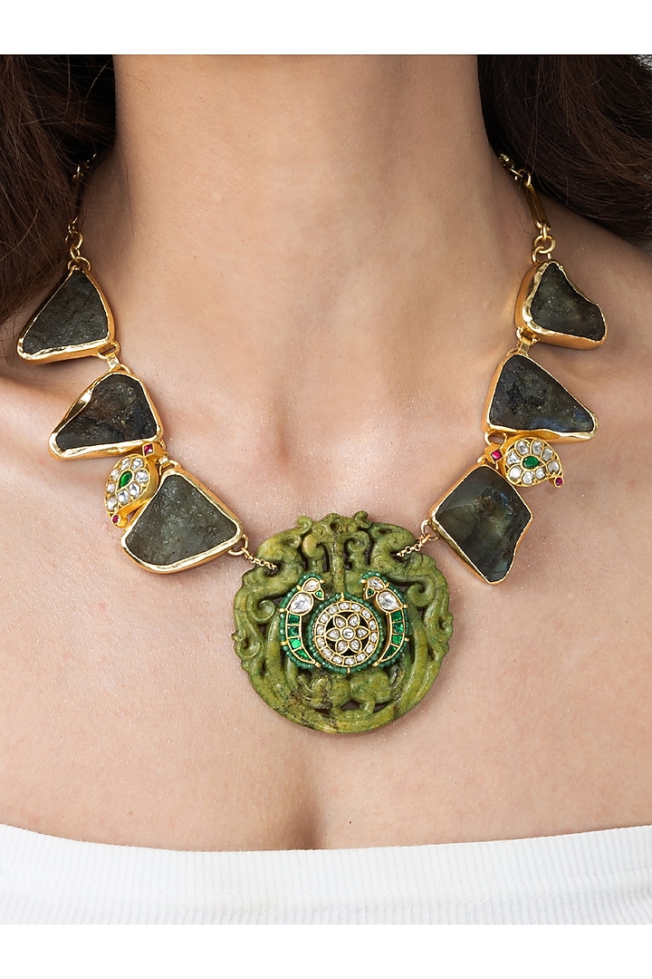 Gold Finish Mint Green Drop Long Necklace by Joules By Radhika at Pernia's Pop Up Shop