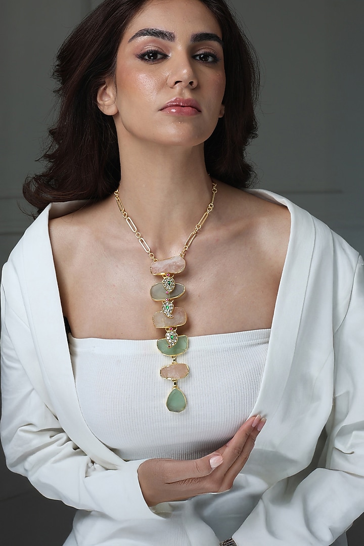 Gold Finish Rose Quartz & Emerald Stone Long Necklace by Joules By Radhika at Pernia's Pop Up Shop