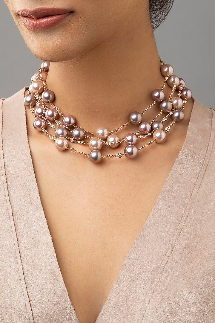 Gold Finish Shell Pearls & Swarovski Necklace by Joules By Radhika at Pernia's Pop Up Shop