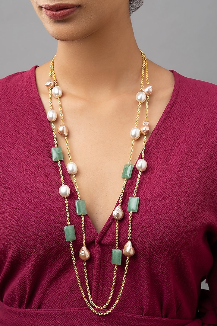 Gold Finish Jade Necklace by Joules By Radhika