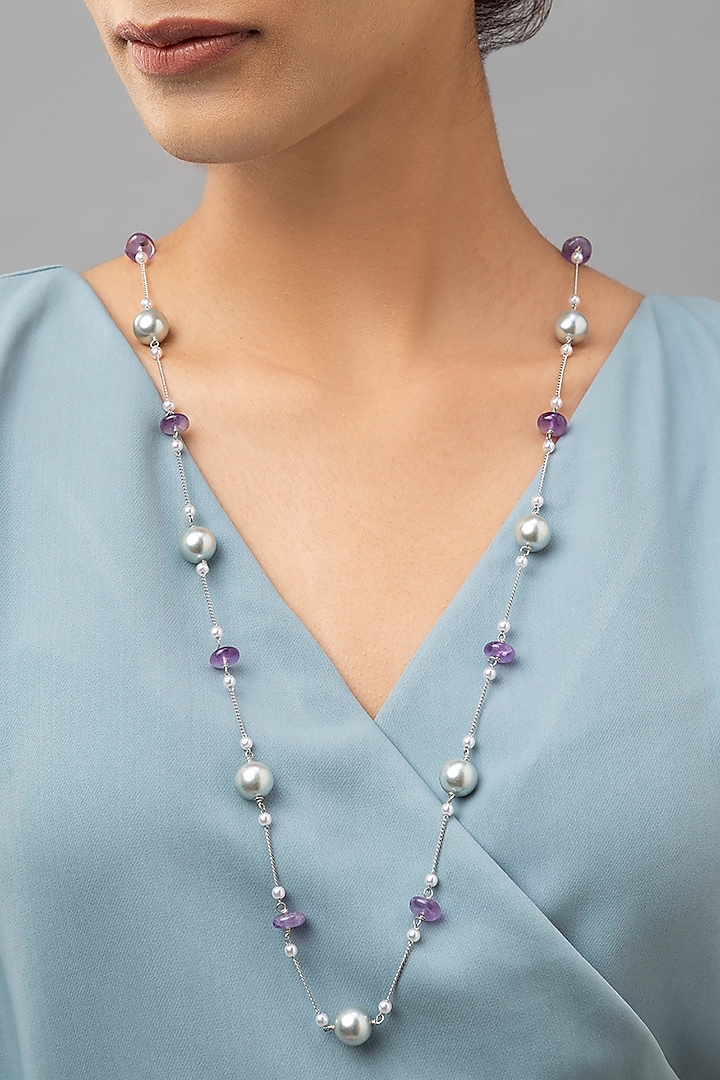 White Finish Amethyst & Pearl Necklace by Joules By Radhika
