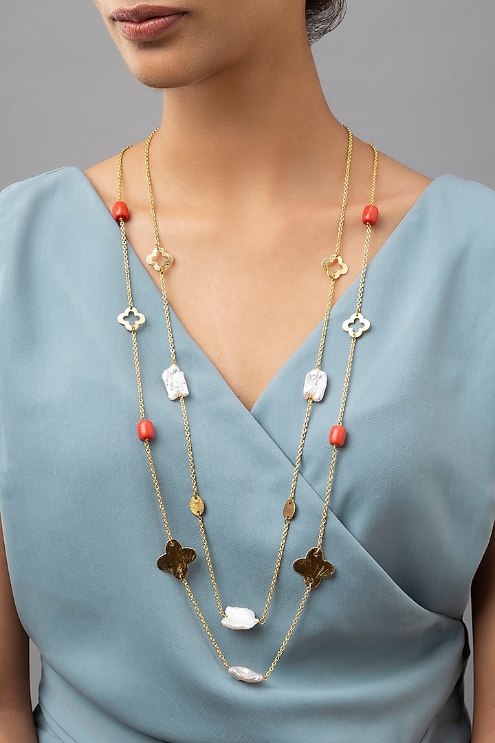 Gold Finish Coral Beaded Necklace by Joules By Radhika