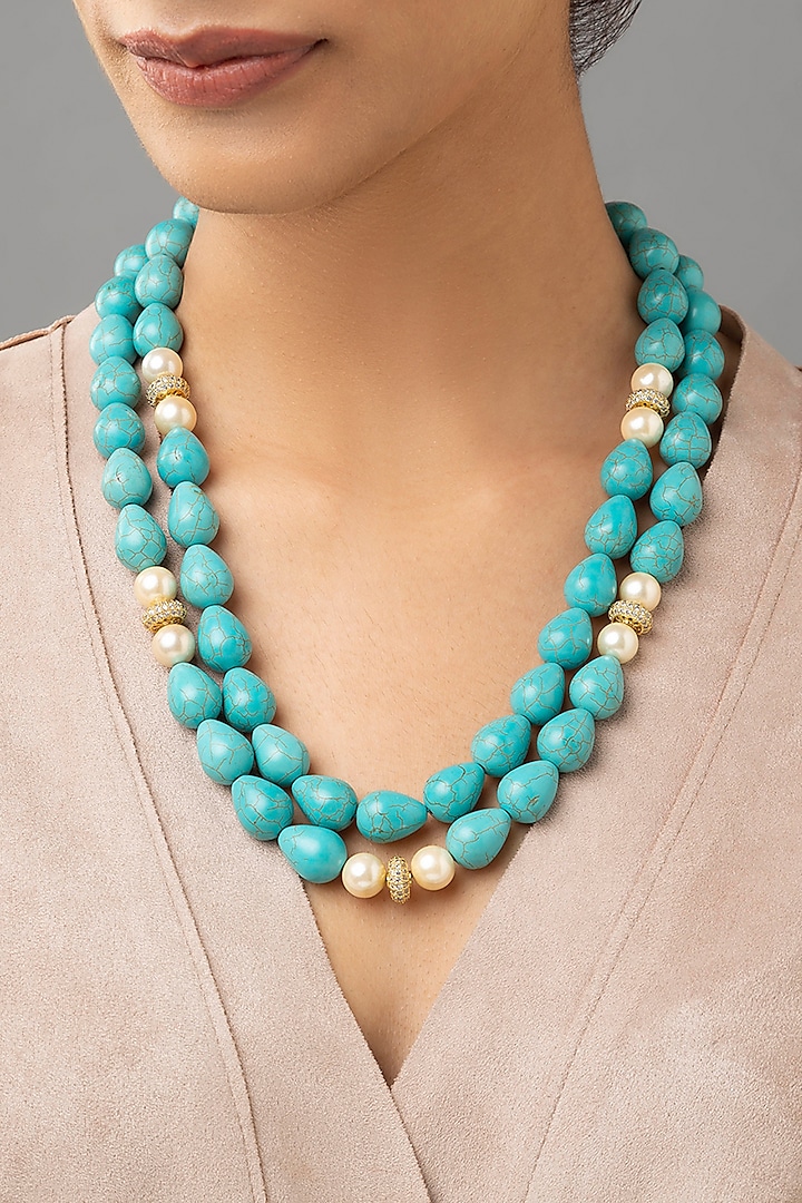 Gold Finish Turquoise Drop Necklace by Joules By Radhika