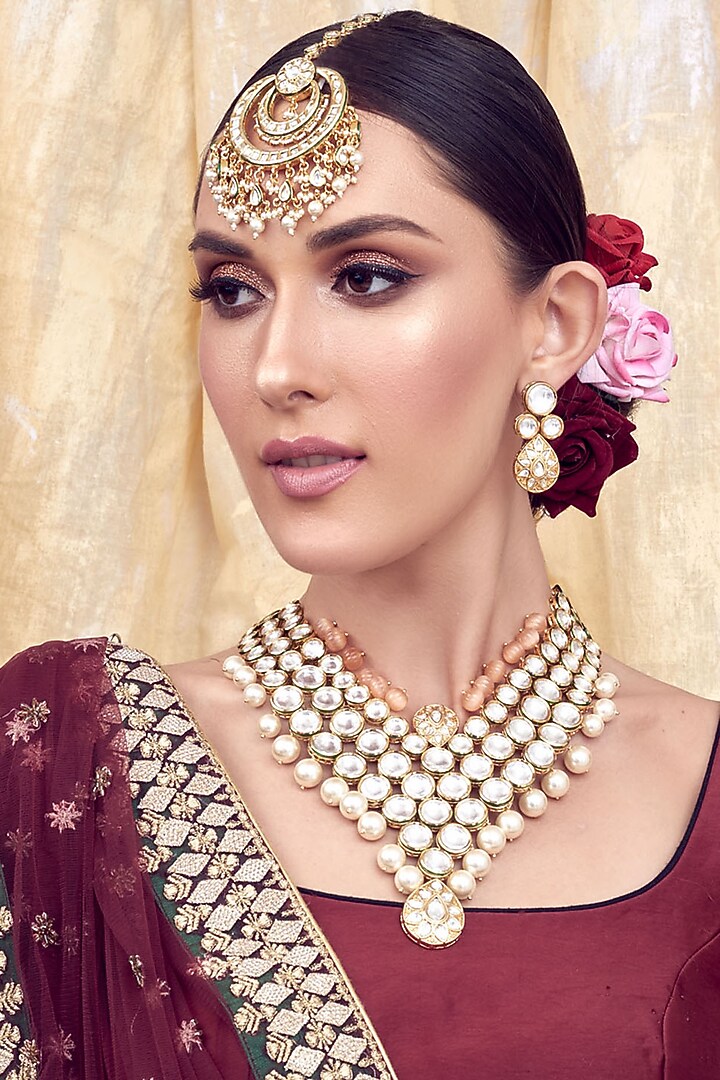 Gold Finish Kundan Polki Necklace Set by Joules By Radhika at Pernia's Pop Up Shop