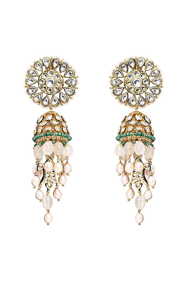 Gold Finish Green Agate Jhumka Earrings by Joules By Radhika at Pernia's Pop Up Shop