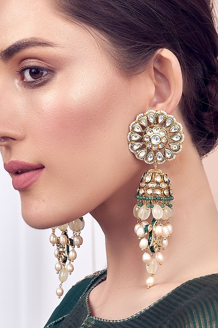 Gold Finish Green Agate Jhumka Earrings by Joules By Radhika