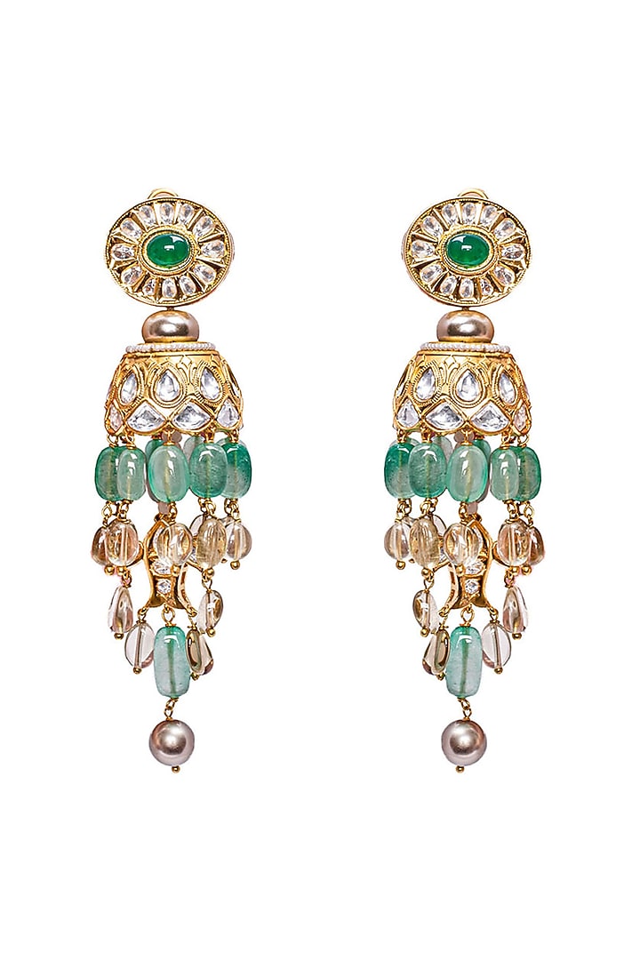 Gold Finish Hydro Emerald Kundan Jhumka Earrings by Joules By Radhika at Pernia's Pop Up Shop