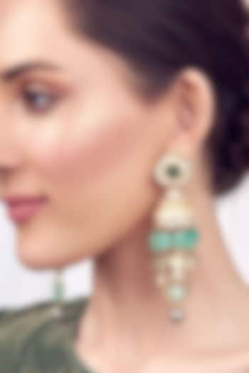 Gold Finish Hydro Emerald Kundan Jhumka Earrings by Joules By Radhika
