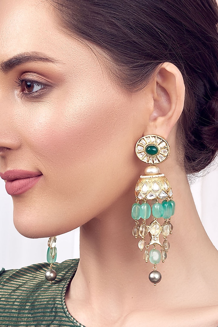 Gold Finish Hydro Emerald Kundan Jhumka Earrings by Joules By Radhika