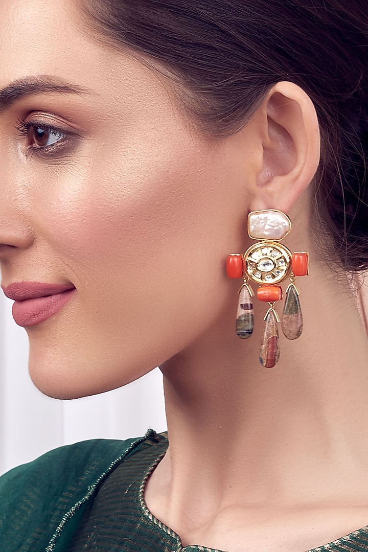 Gold Finish Coral Beads & Pearls Earrings by Joules By Radhika at Pernia's Pop Up Shop