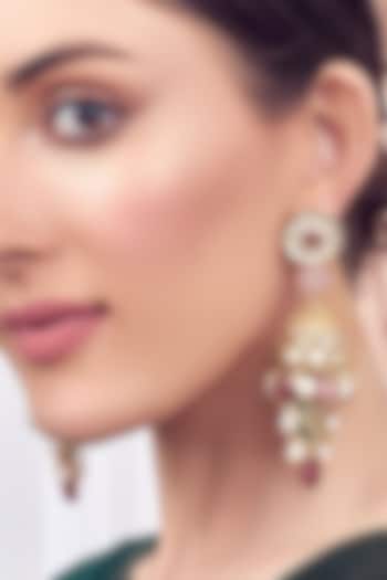 Gold Finish Rose Quartz & Kundan Jhumka Earrings by Joules By Radhika