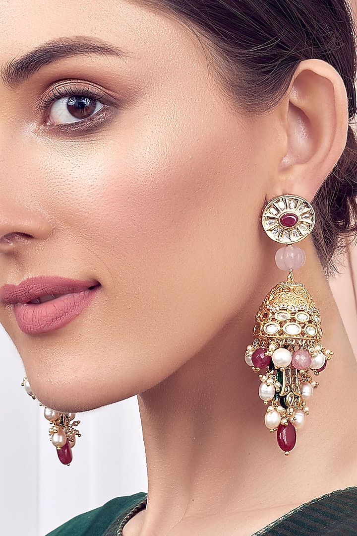 Gold Finish Rose Quartz & Kundan Jhumka Earrings by Joules By Radhika