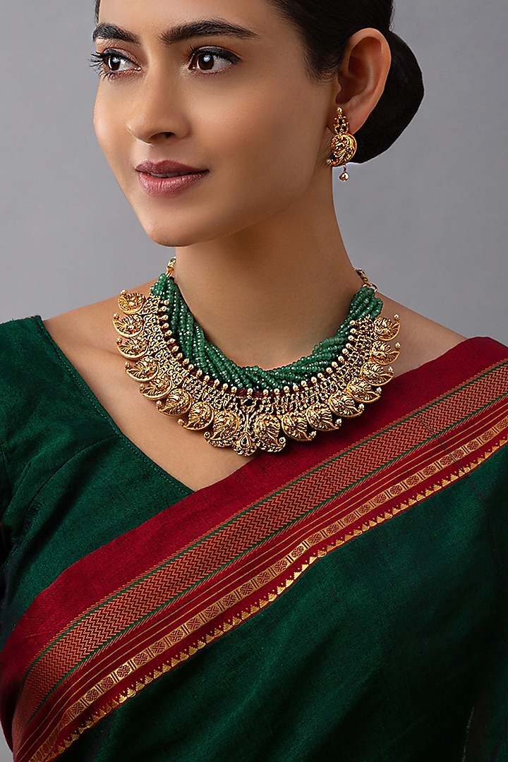 Gold Finish Hydro Ruby & Emerald Necklace Set by Joules By Radhika
