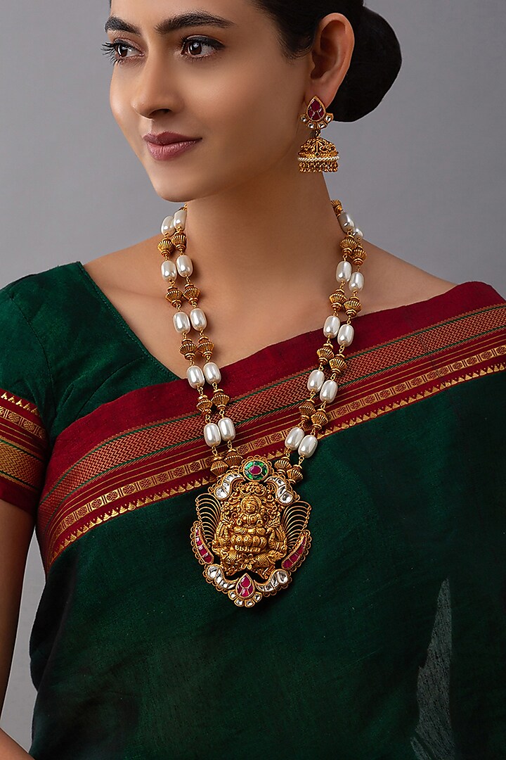 Gold Finish Pearls & Polki Necklace Set by Joules By Radhika