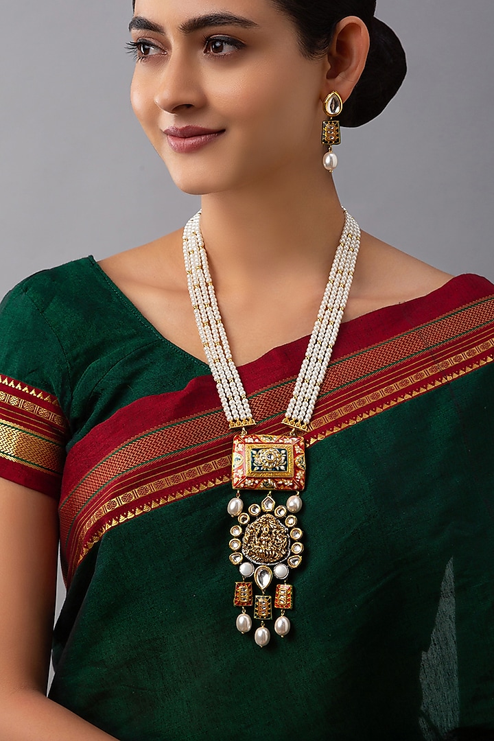 Gold Finish Meenakari Kundan Necklace Set by Joules By Radhika