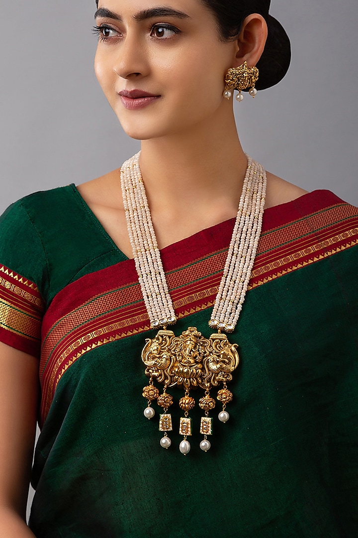 Gold Finish Meenakari Pearl Necklace Set by Joules By Radhika