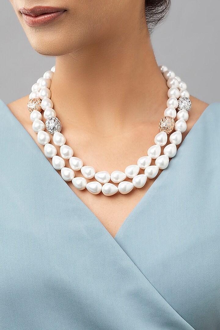 White Finish Shell Pearls & Swarovski Necklace by Joules By Radhika