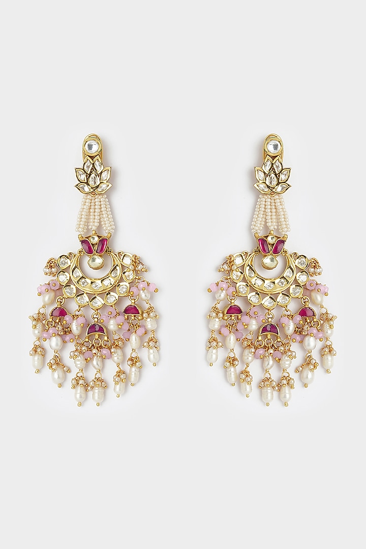 Gold Finish Shell Pearls Chandbali Earrings by Joules By Radhika