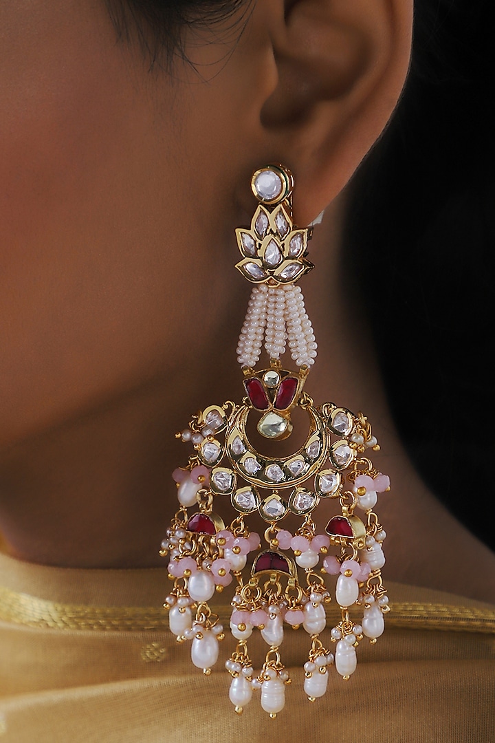 Gold Finish Shell Pearls Chandbali Earrings by Joules By Radhika