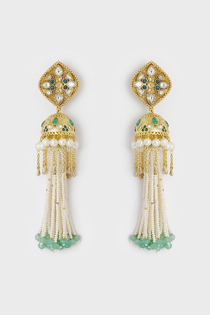 Gold Finish Shell Pearl Jhumka Earrings by Joules By Radhika