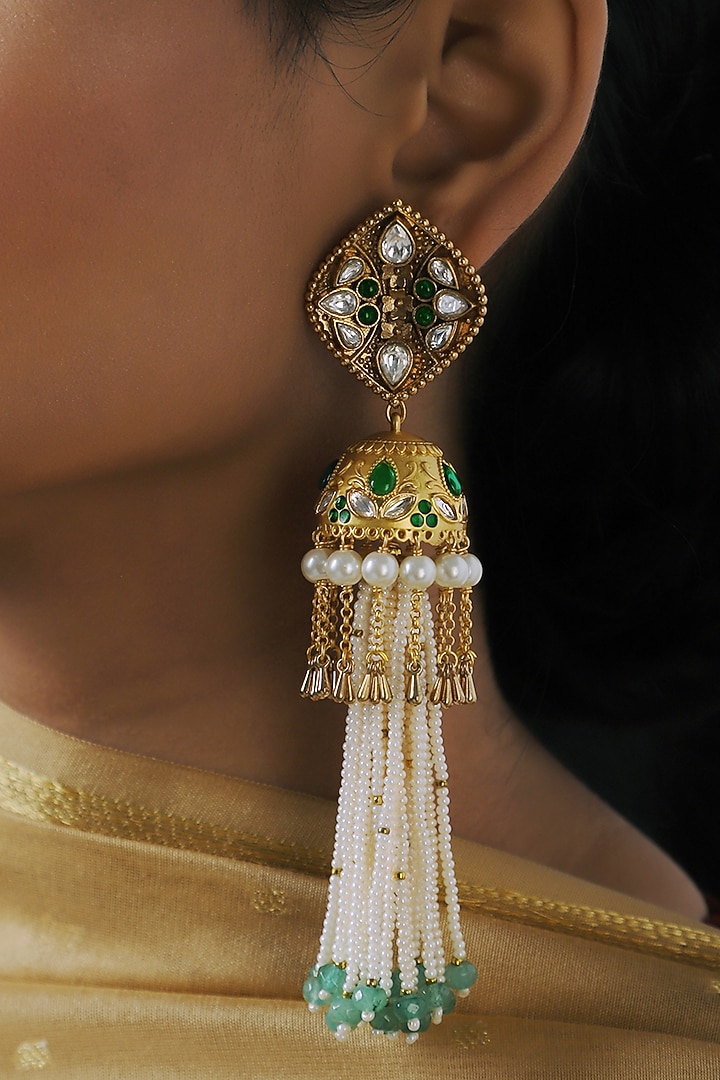 Gold Finish Shell Pearl Jhumka Earrings by Joules By Radhika at Pernia's Pop Up Shop