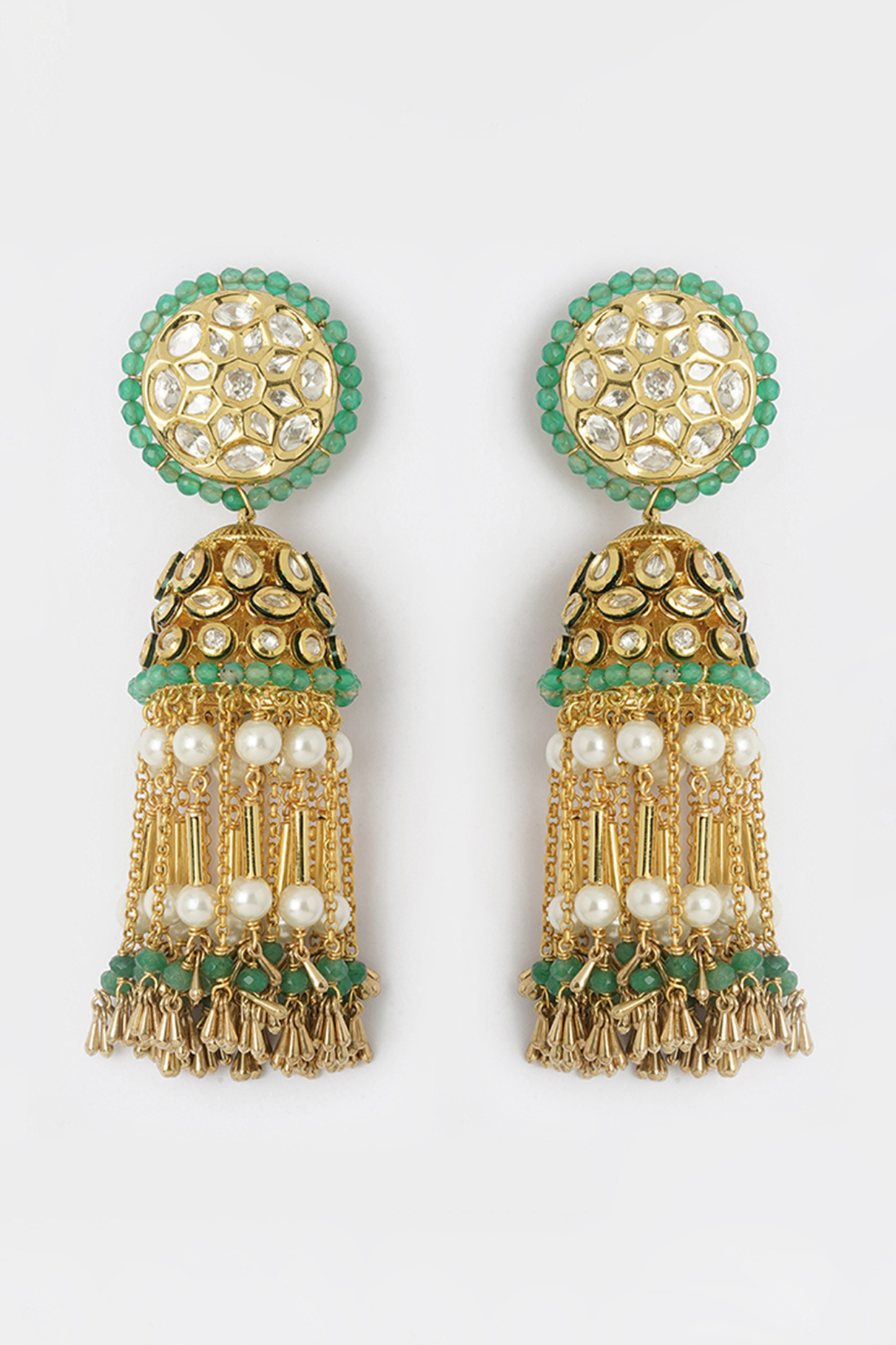 Gold Finish Green Agate Beads Jhumka Earrings by Joules By Radhika