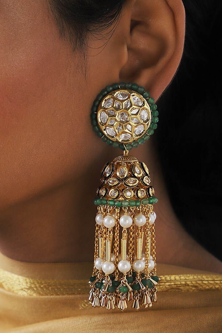 Gold Finish Green Agate Beads Jhumka Earrings by Joules By Radhika