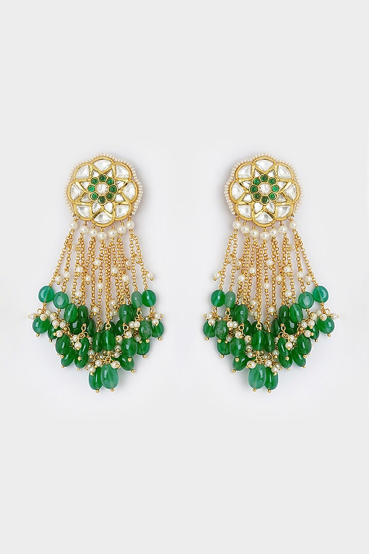 Gold Finish Green Agate Beads Dangler Earrings by Joules By Radhika