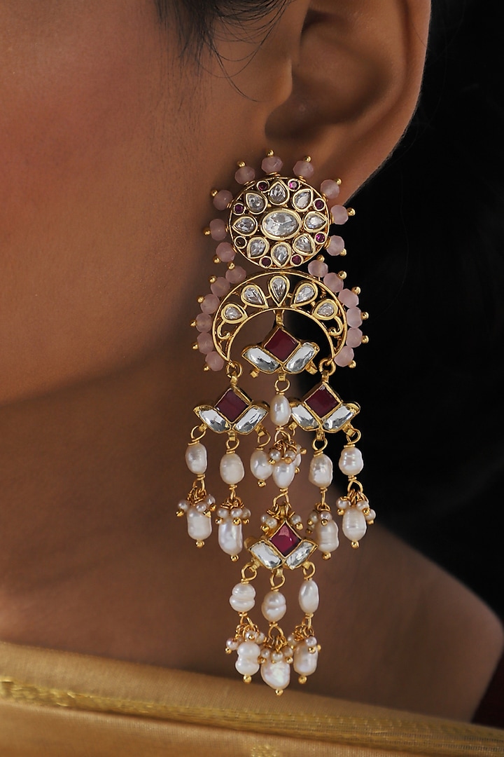 Gold Finish Pink Jade Beads Chandbali Earrings by Joules By Radhika