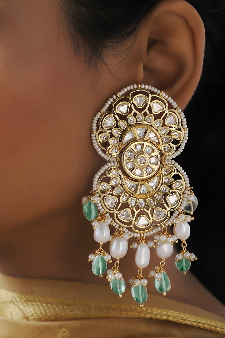 Gold Finish Fluoride Beads Chandbali Earrings by Joules By Radhika